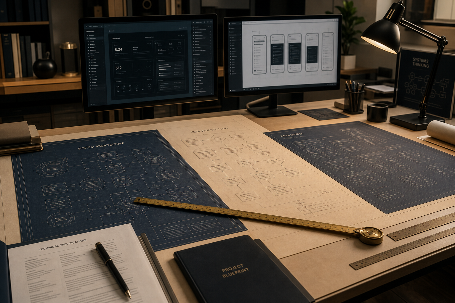 FAVLORA MARKS LTD precision digital systems workspace with technical diagrams and screens